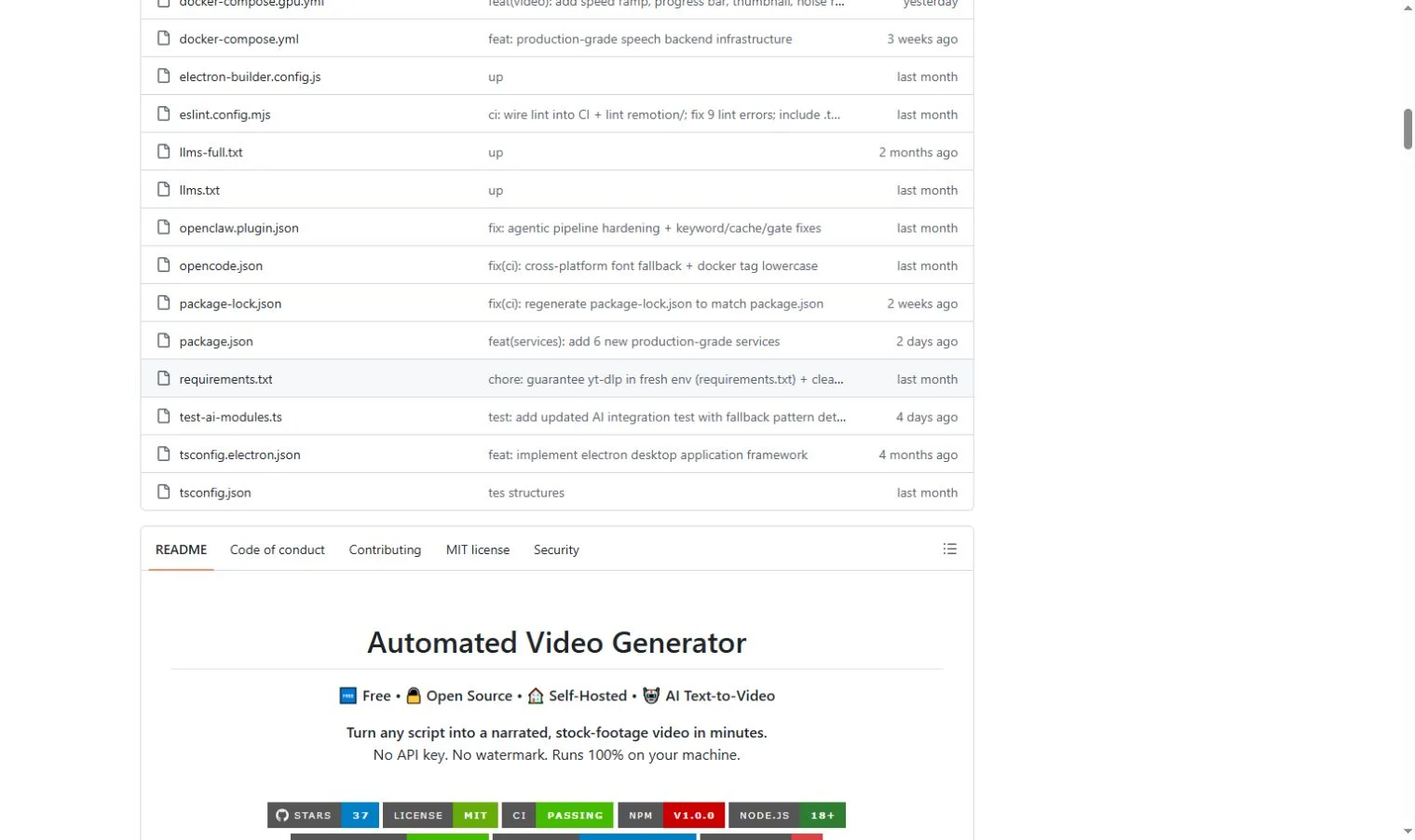 README và thông tin công nghệ của Automated Video Generator trên GitHub