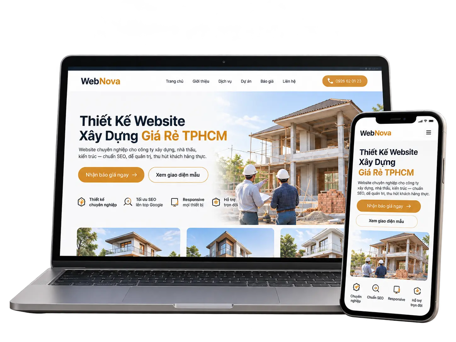 Mẫu website xây dựng hiển thị trên laptop và điện thoại