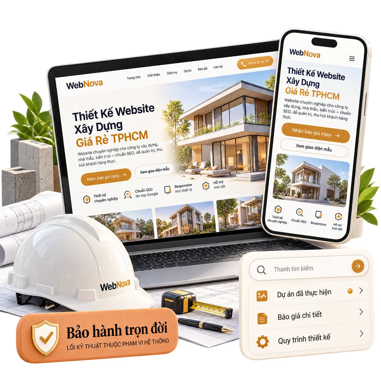 Mô tả website công ty xây dựng trên máy tính và điện thoại