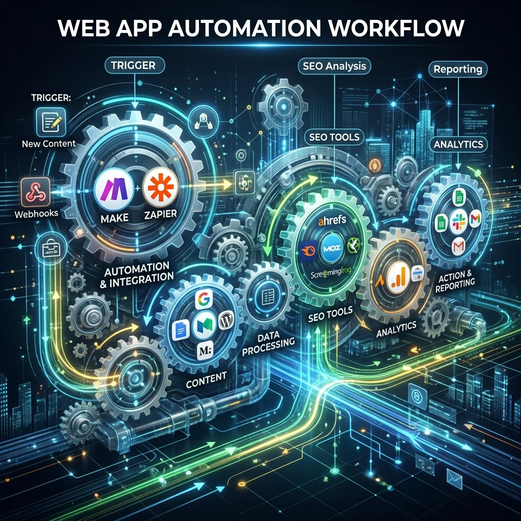 Zapier and Make workflow diagram for SEO